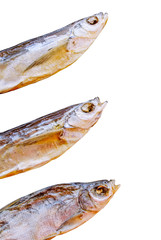 Three dried fish Osmeridae isolated on white background.