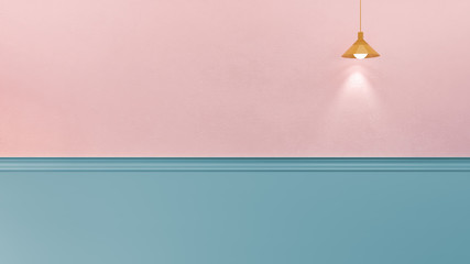 3d rendering illustration of pink candy color plaster wall with mint blue molding and panel, one hanging lamp. Directional light. Place for text