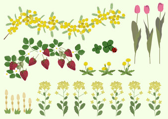 ミモザの花と春の植物 春のイメージ イラスト素材集 Beauty Wall Mural Beau Tomoko Arakawa