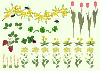 ミモザの花と春の植物。春のイメージ。イラスト素材集。