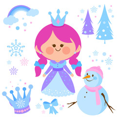 Fototapeta na wymiar Beautiful snow princess and snowman. Winter vector illustration collection.