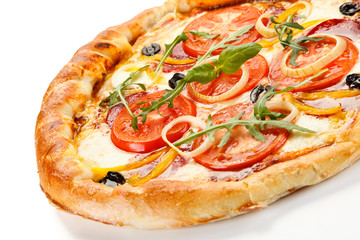 Pizza pepperoni with tomatoes and olives
