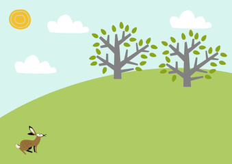 野兎と春の景色。風景。季節と自然のイラスト。素材。