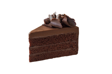 Triangle shape slices piece of dark chocolate fudge cake topping with chocolate curl on white isolated background with clipping paths. Homemade bakery concept for birthday cake.