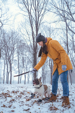 woman playing with french bulldog