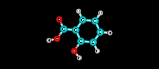 Salicylic acid molecular structure isolated on black