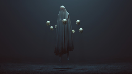 Ghost floating in air surrounded with skulls