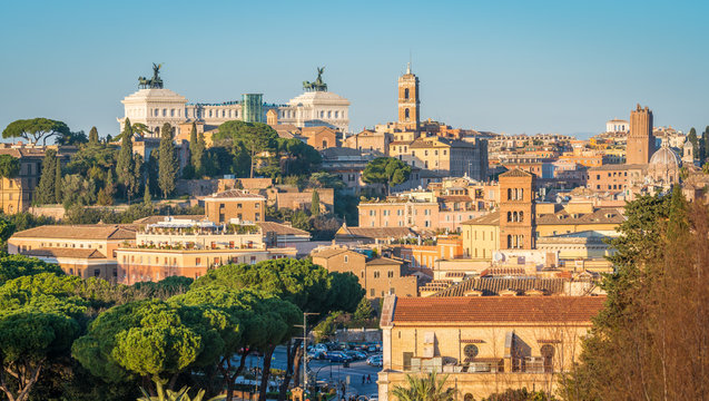 Panoramic view from the Giardino degli Aranci on the aventine hill in Rome, Italy.