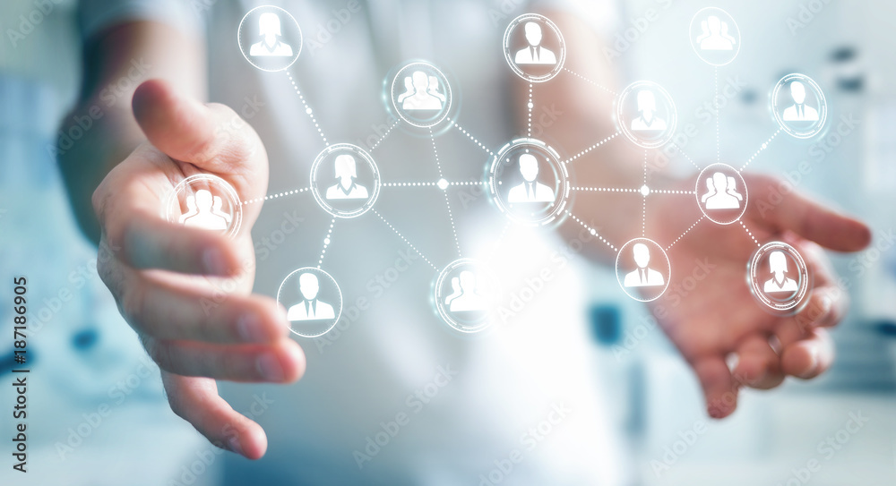Poster Businessman using social network connection 3D rendering