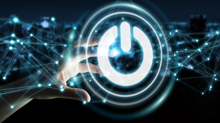 Businessman using 3D render power button with connections