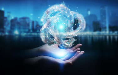 Businesswoman using futuristic torus textured object 3D rendering