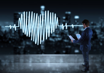 Businessman watching heart beat sketch on a rooftop 3D rendering