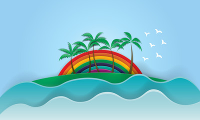 Fototapeta na wymiar California Rainbow Wonderful Sunset Slogan summer surf and Palm Beach paper art vector