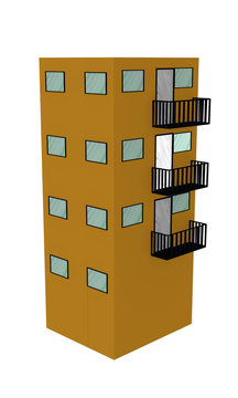Einfaches gelbes Hochhaus mit Balkon aus Seitenansicht auf weiß isoliert. 3d render