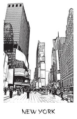 New York City, Times square. Vector drawing of a street in downtown in engraving style. Black and white illustration of cityscape of famous place.