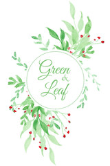 Green of wreath card. Watercolor clip art with green leaf. The image is illustion for card, frame, wedding card and anniversary.