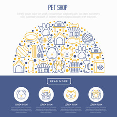 Pet shop concept in half circle with thin line icons: cat, dog, collar, kennel, grooming, food, toys. Modern vector illustration, web page template.