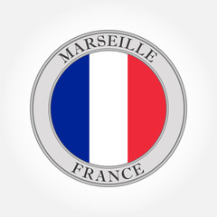 French flag round icon. France and Marseille circle badge, symbol or button with blue, white and red colors. Vector illustration.