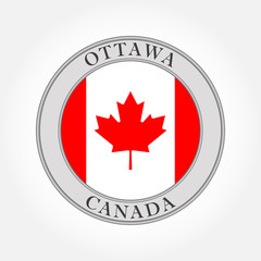 Canadian flag round badge. Canada and Ottawa circle icon, symbol or button with red maple leaf. Vector illustration.