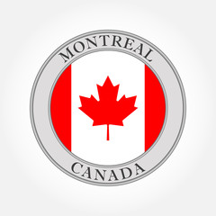 Canadian flag round badge. Canada and Montreal circle icon, symbol or button with red maple leaf. Vector illustration.