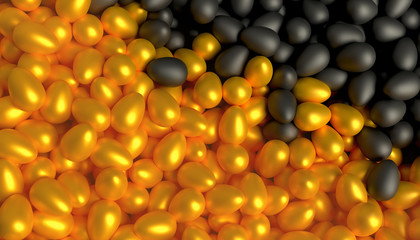 A lot of scattered black and gold eggs. 3d illustration