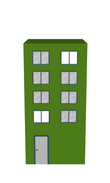 Einfaches grünes Hochhaus aus Vorderansicht auf weiß isoliert. 3d render