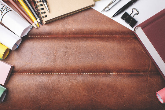 Leather desk with supplies