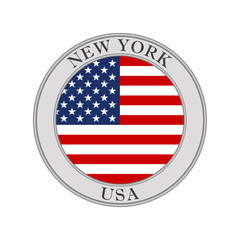 Flag of USA round icon or badge. New York city circle button. American national symbol. Vector illustration.