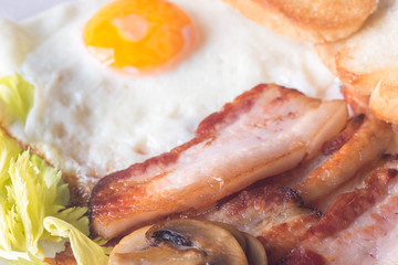 fried egg, bacon toast and mushroom for breakfast
