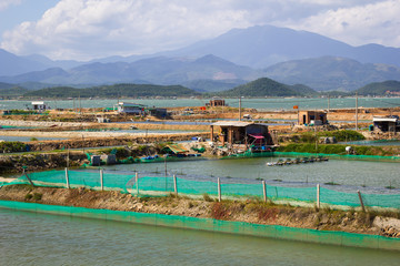 Landscape with fields of shrimp farms and aerator turbine wheel oxygen fill into lake water, mountains and ponds. Vietnam, Nha Trang city
