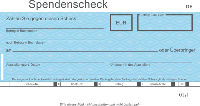 Vektor-Spendenscheck mit modernem Design. Original Spendenscheck - blanko blue. Blankoüberprüfung mit freiem Platz für Ihren Text.