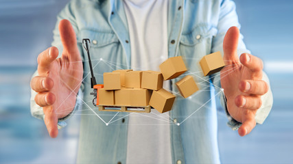 Pallet truck and carboxes with network connection system - 3d render