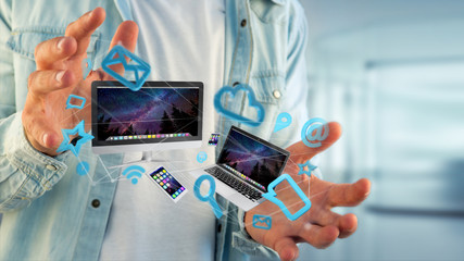 Devices like smartphone, tablet or computer flying over connection network and app- 3d render