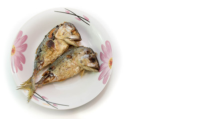 Fried or grilled mackerel fish white background Thai food