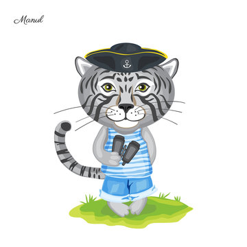 Felis Manul pirate sailor in cocked hat with binoculars on green grass isolated on white background, Vector cartoon cute illustration animal, Character design for greeting card, children invitation