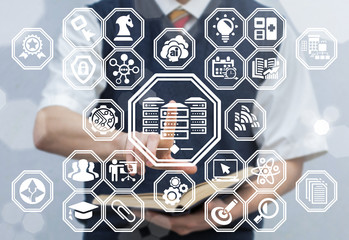 Database Server Network Share Data Educational Information Technology. Young man using virtual touchscreen presses server room button. Networking servers.