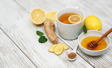Cup of tea with lemon and ginger