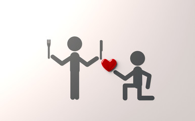 3d rendering figures of people one of which offers the other a heart and the second wants to eat it