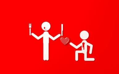 3d rendering figures of people one of which offers the other a heart and the second wants to eat it