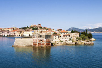 Fototapeta na wymiar Portoferraio, view of the harbor town.