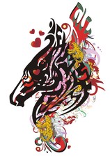 Grunge horse head symbol with red hearts. Tribal splattered bright horse head with elements of red wings, jaguars and red hearts