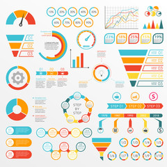 Infographics set with charts, graphs, funnel, arrows, diagram, gauge, speedometer. Circle chart with percentage and pie chart with segments. Vector illustration.