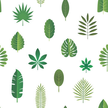 Green tropical leaves, vector seamless pattern background in flat style.