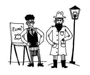 drawing set of comic pictures man - physicist with a flipchart and secretive man in a long raincoat near a lamppost sketch of a hand-drawn vector illustration