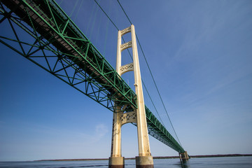 The Mackinac Bridge. Close up view of the center span of the Mackinaw Bridge in Michigan, The...