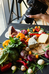 Food photographer at work. Modern equipment to make quality photos. Creativity art hobby leisure concept