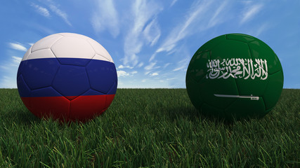 3D soccer balls with Russia and Saudi Arabia flag, World Cup 2018. Placed on 3d grass. Background isolated with clipping path.