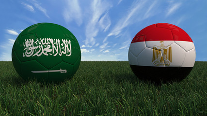 3D soccer balls with Saudi Arabia and Egypt flag, World Cup 2018. Placed on 3d grass. Background isolated with clipping path.