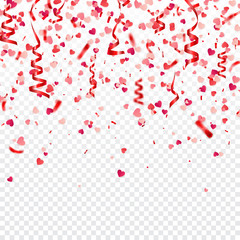 Valentines day red background with hearts. Love symbol. February 14. I love you. Be my valentine. Ribbon. Transparent background. Heart confetti.