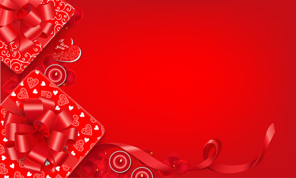 Bright red background with gift boxes, rose petals, romantic candles, valentine and copy space. Top view. Perfect for design Valentine’s Day greeting cards, banners, flyers. Vector
